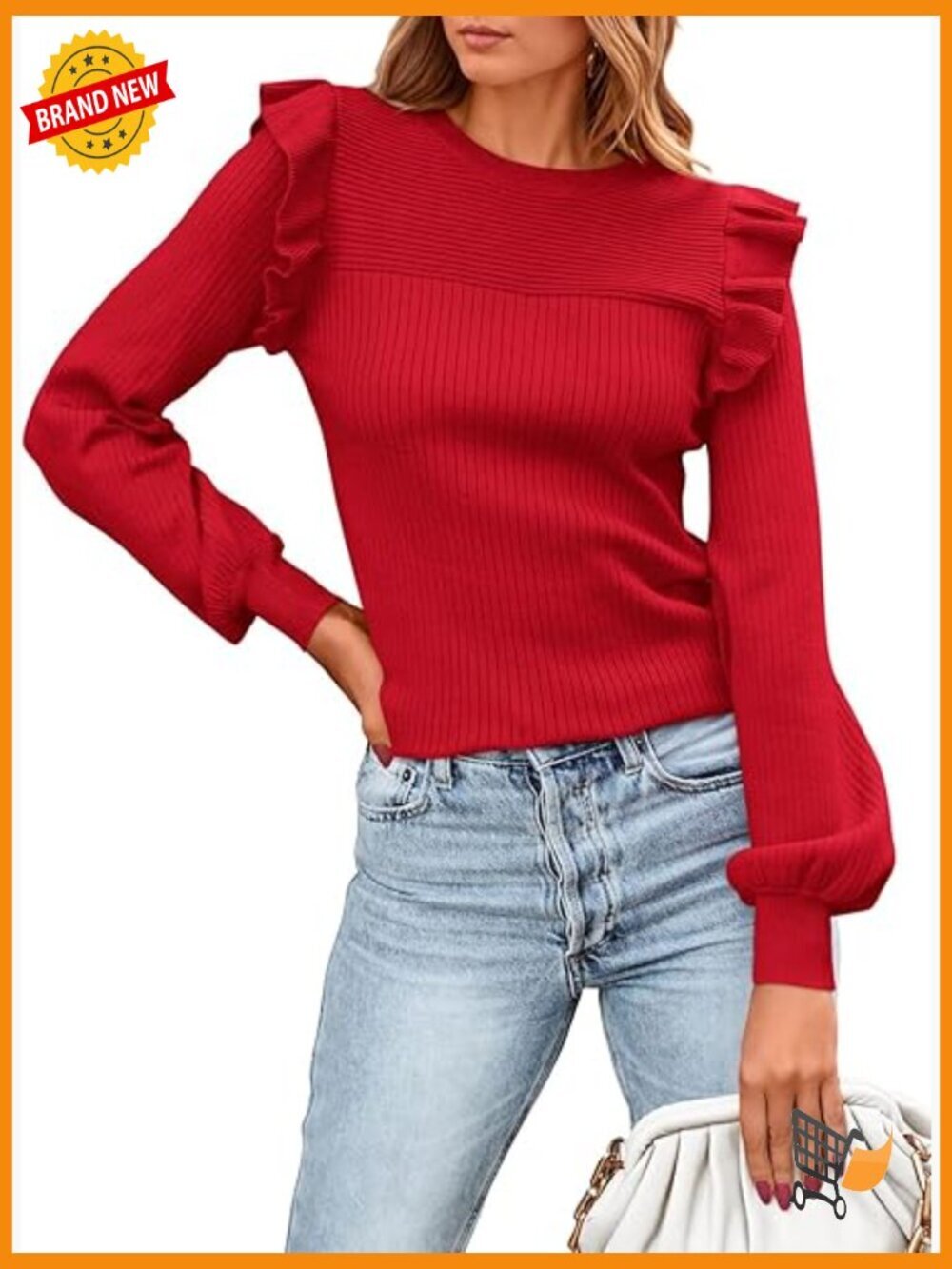 Ruffle Long Sleeve Crew Neck Lightweight Ribbed Knit Pullover Sweater